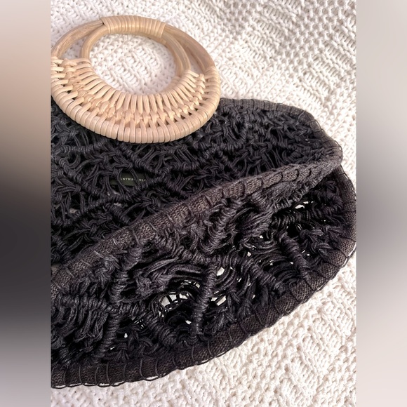 Anthropologie, black macrame tote bag purse w/ rattan handles - Picture 8 of 10